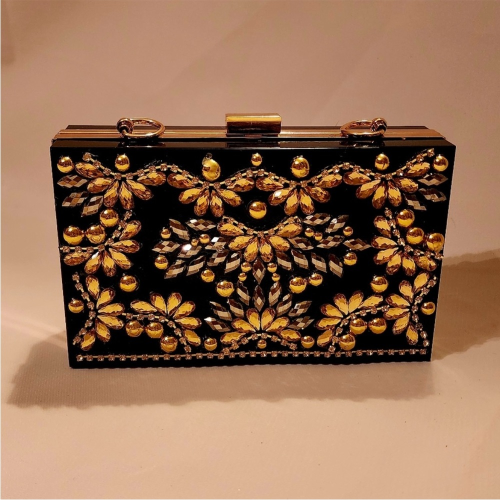 Ornate Black and Gold Floral Clutch